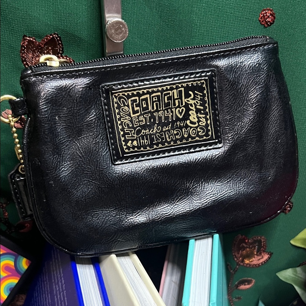 Coach Black Poppy Wristlet with Gold Accents